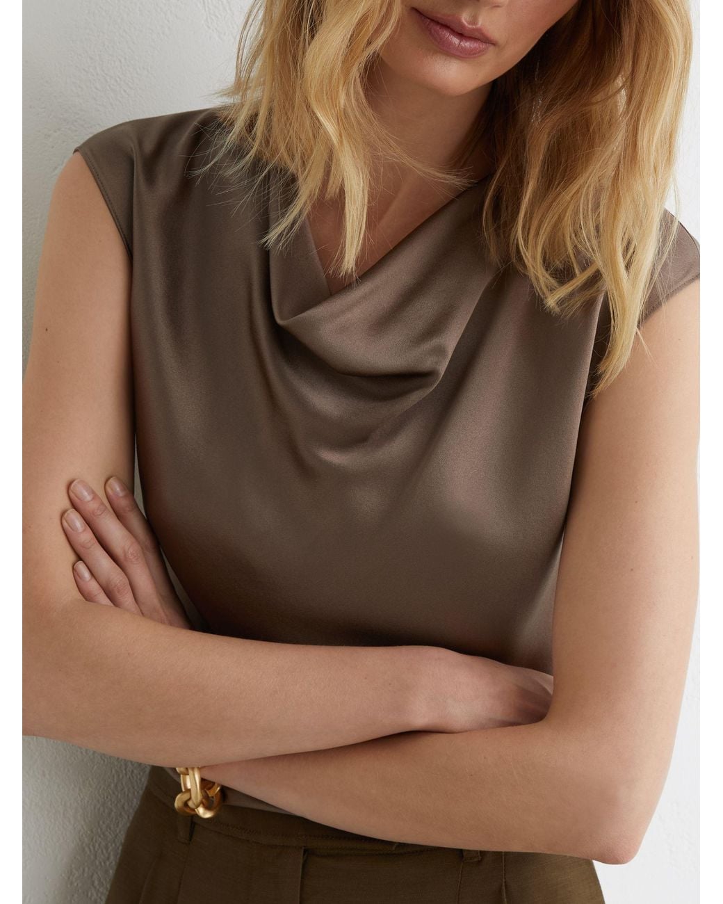 Reiss Brown Silk Cowl-Neck Sleeveless Top