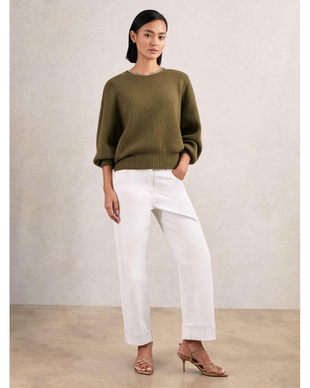 Reiss Green Wool-Blend Necklace-Trim Jumper With Cashmere
