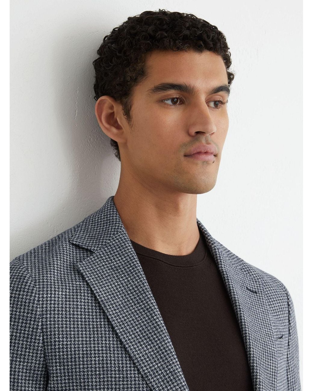 Reiss Gray Houndstooth Single-Breasted Blazer Cotton-Blend Tailored-Fit for men