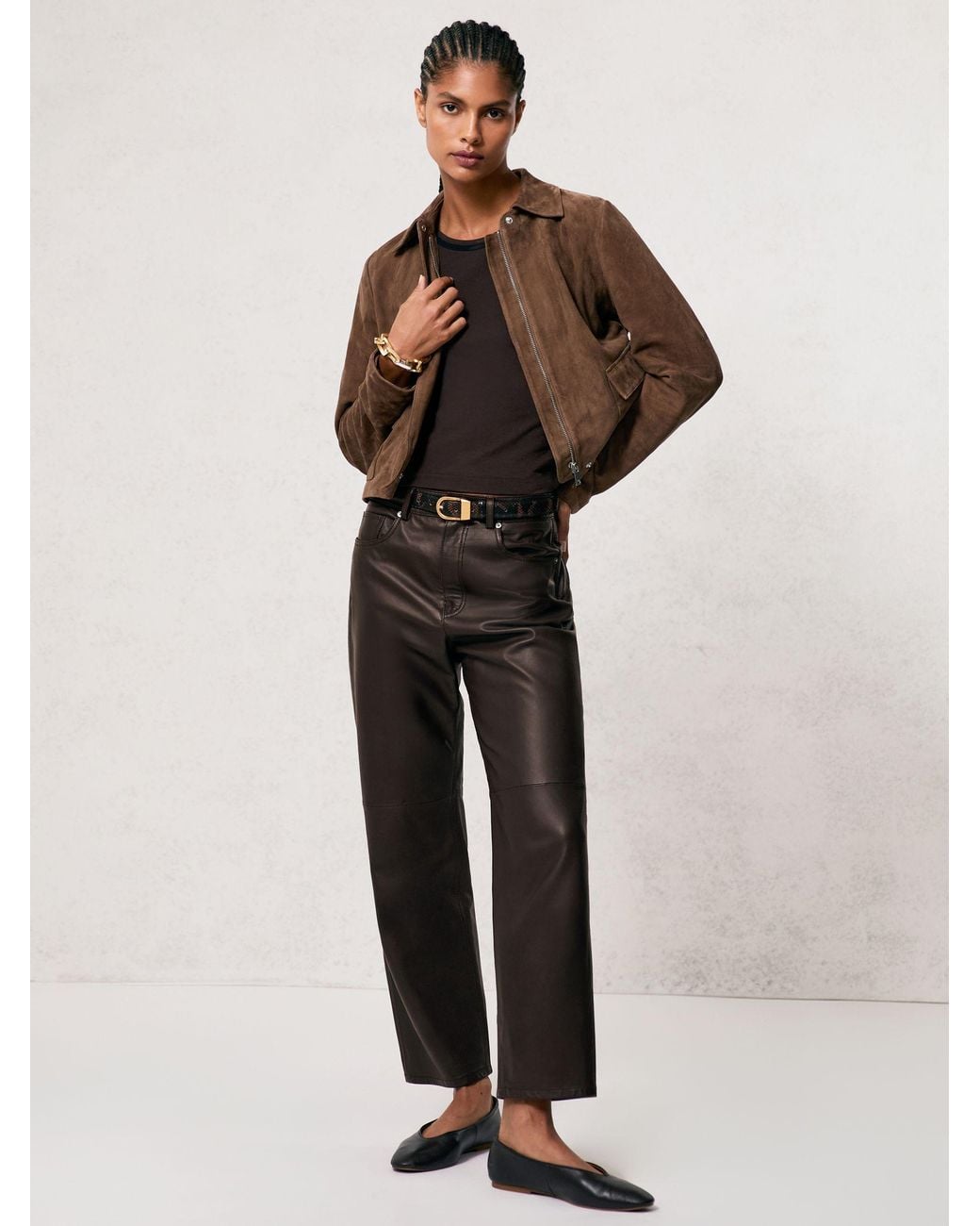 Reiss Brown Verona Petite Leather Slim-Leg Trousers