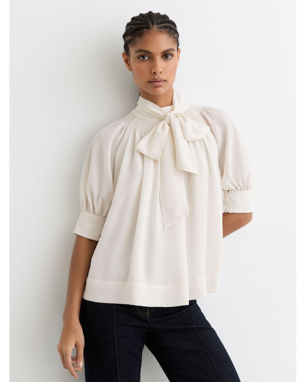 Reiss White Tie-Neck Short-Sleeve Blouse