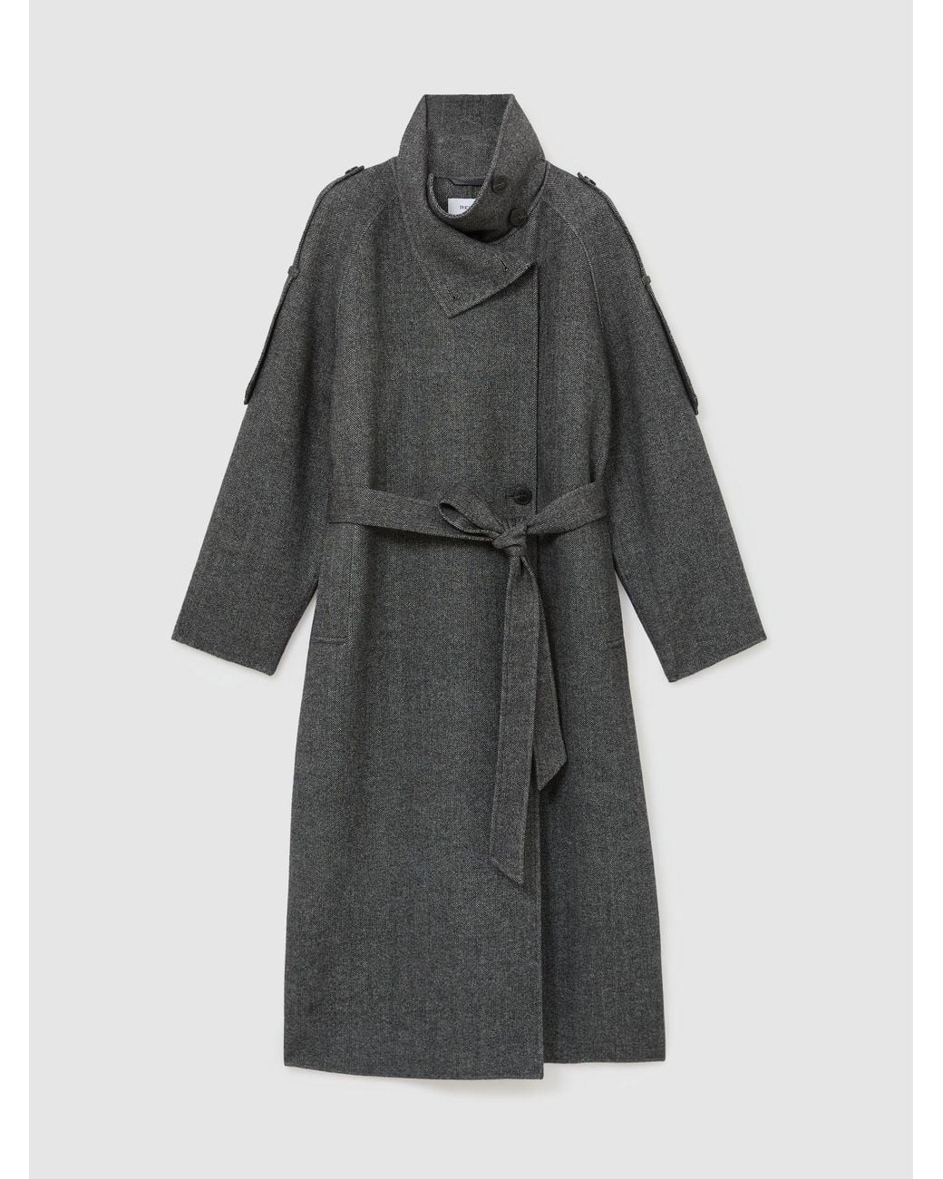 Reiss Gray Wool-Blend Herringbone Long Trench Coat