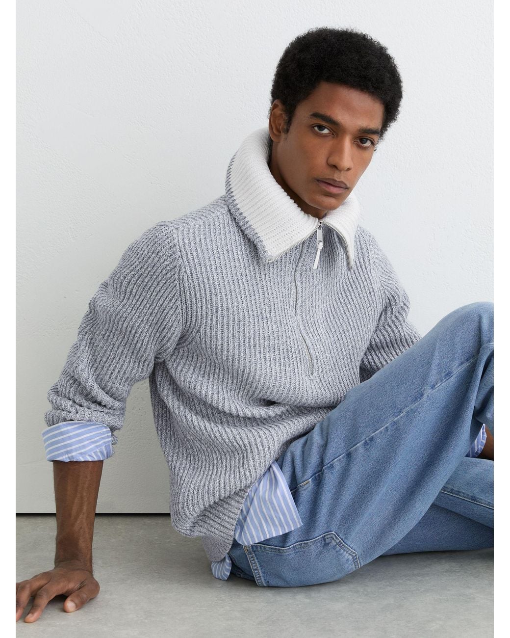 Reiss Gray Cotton-Blend Rib-Knit Half-Zip Jumper for men