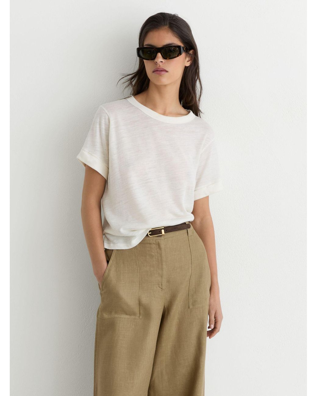 Reiss Metallic Ashby - Light Khaki Green Petite Linen Wide Leg Trousers, Us 8