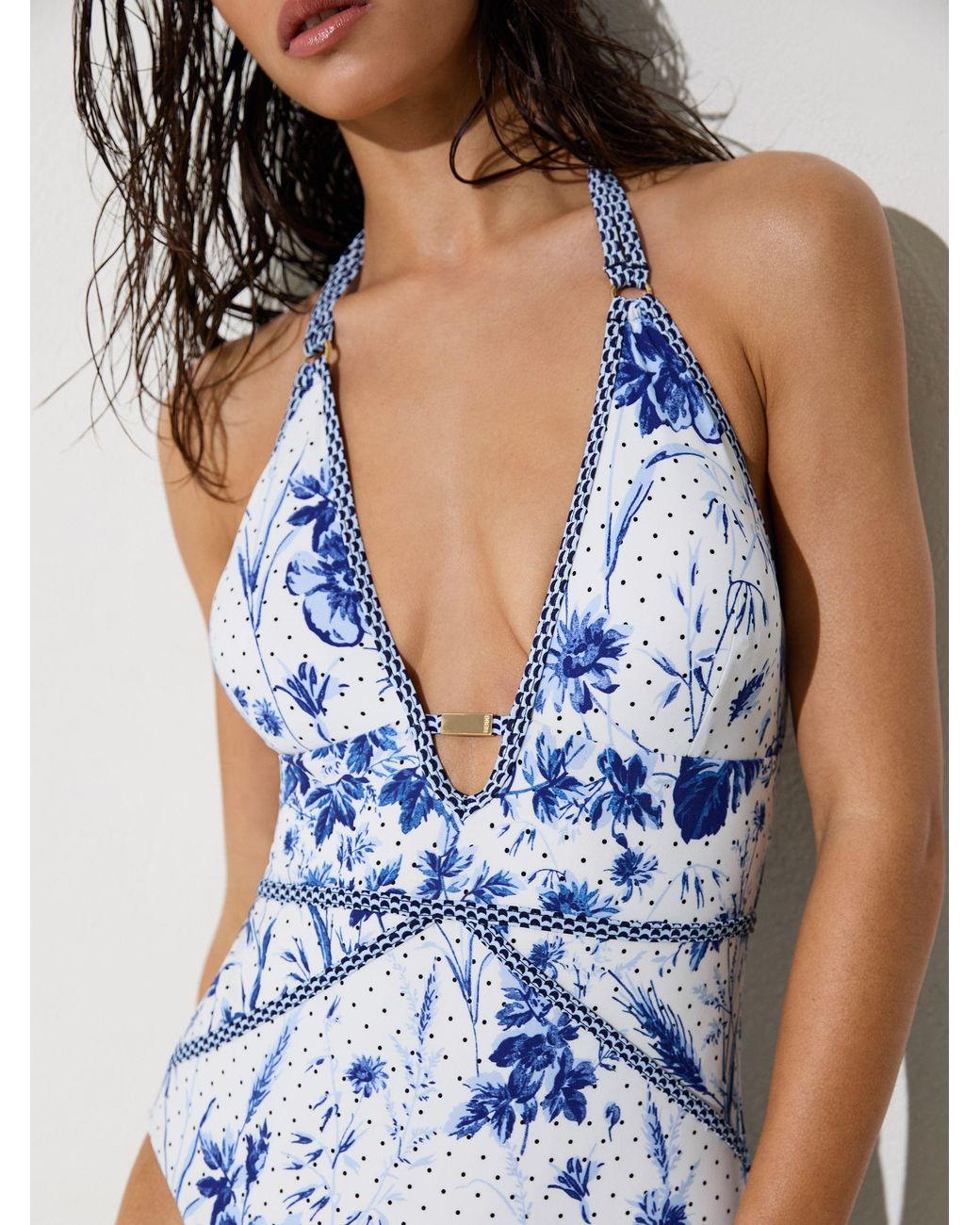 Reiss Blue Floral-Print Plunge Halterneck Swimsuit