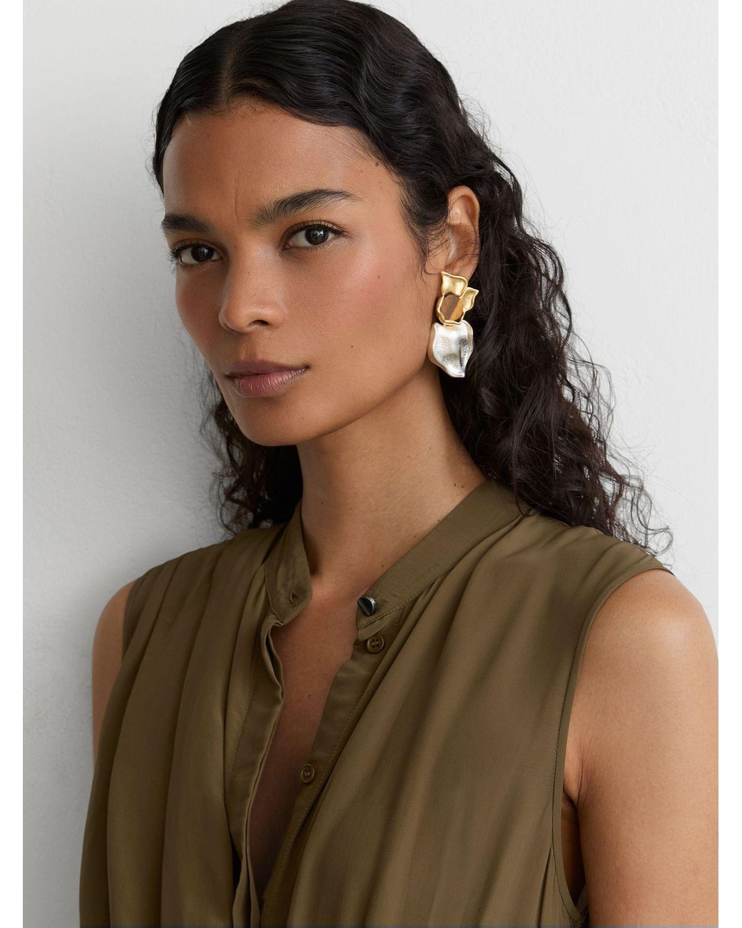 Reiss Natural Drape-Detail Band-Collar Midi Dress