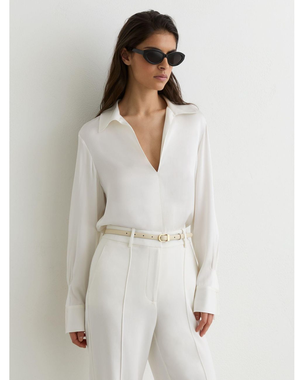 Reiss White Silk-Blend Open-Collar Shirt