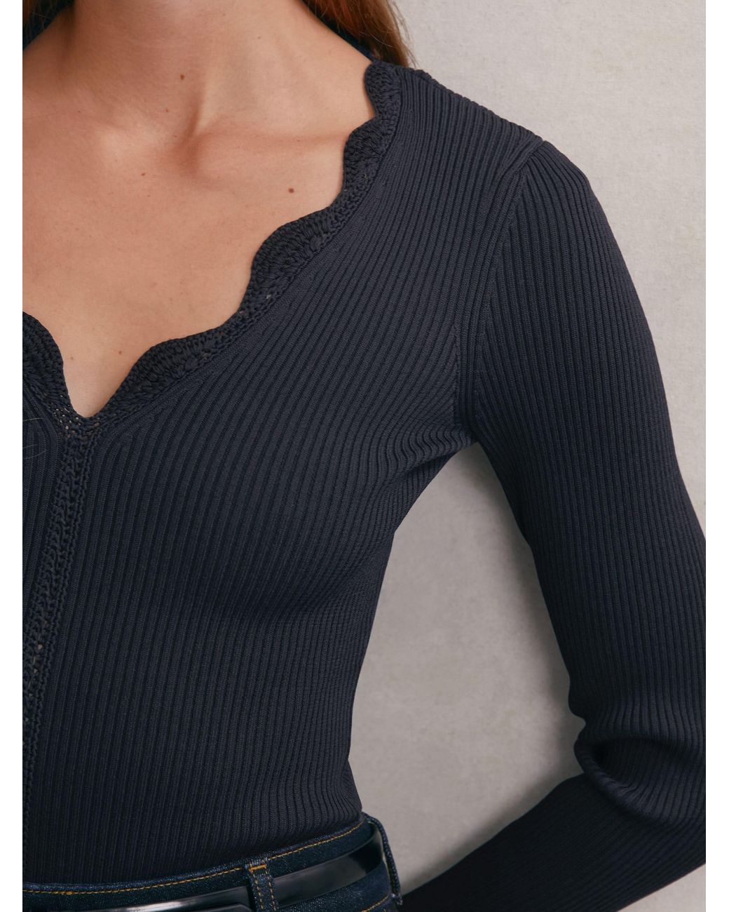 Reiss Blue Crochet-Trim Rib-Knit Top