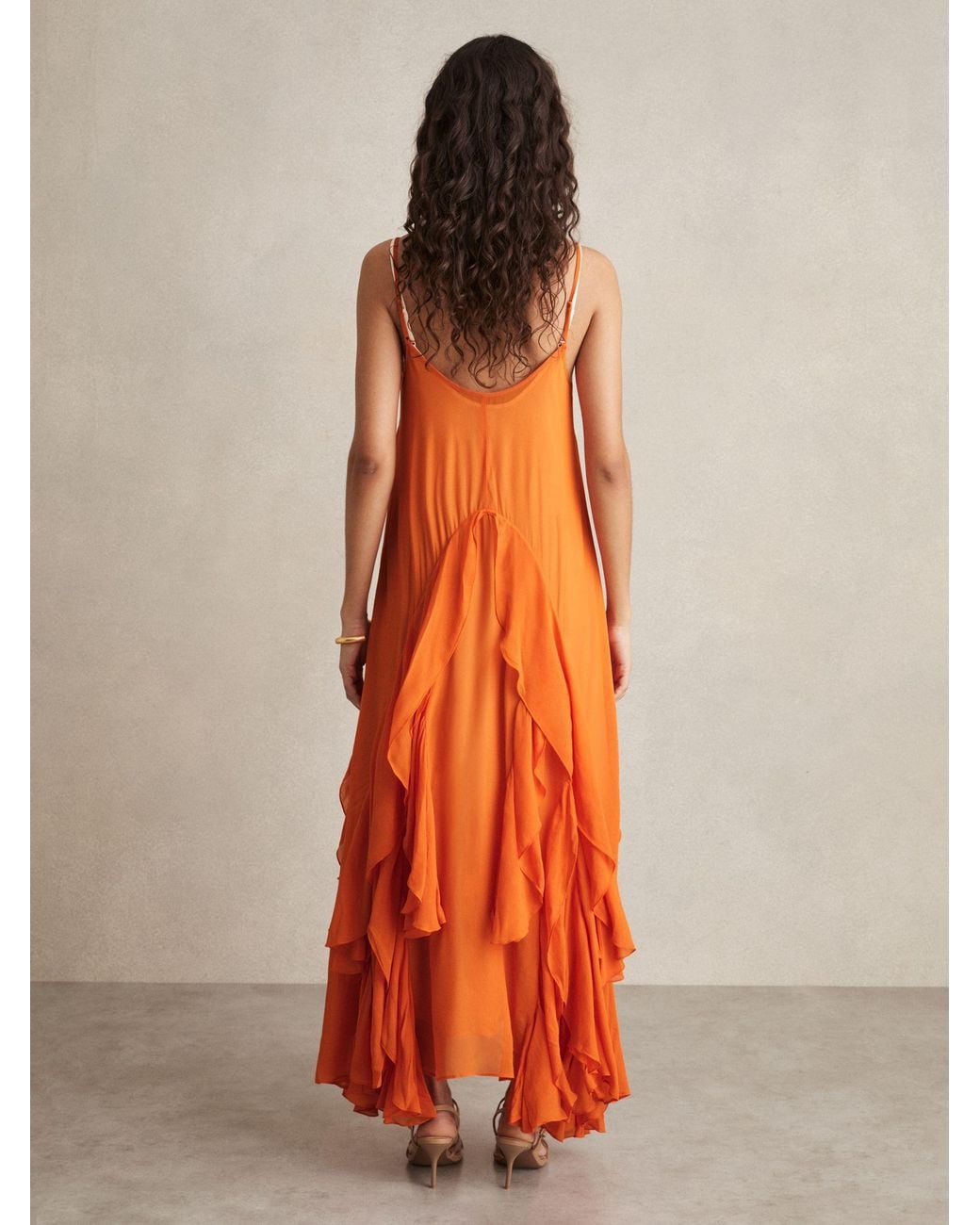 Reiss Eden - Orange Ruffle Detail Maxi Dress, Us 4