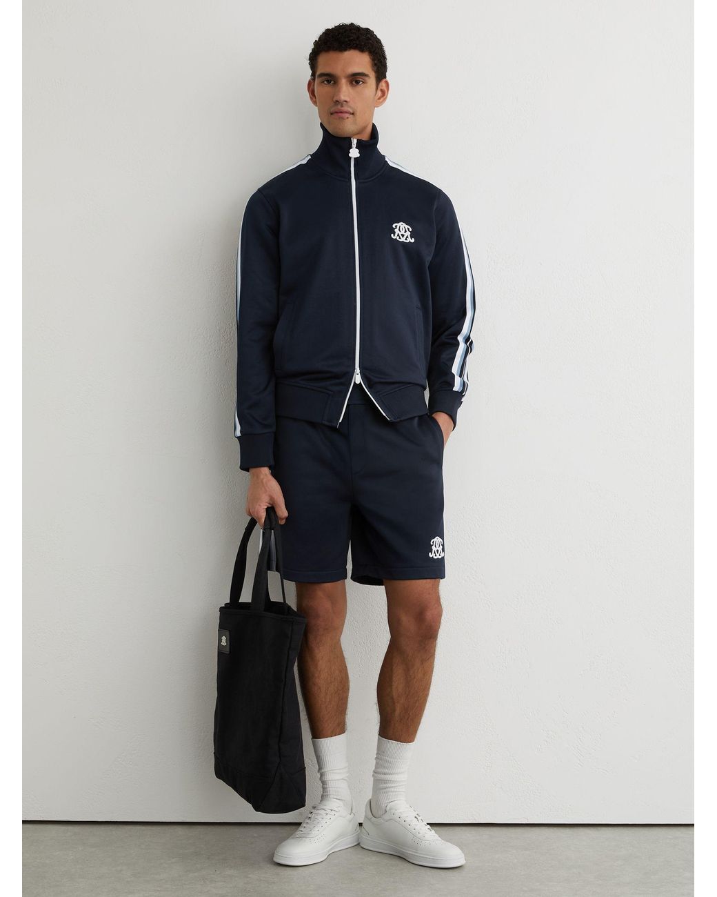 Reiss Blue Monogram Tape-Detail Relaxed Shorts for men
