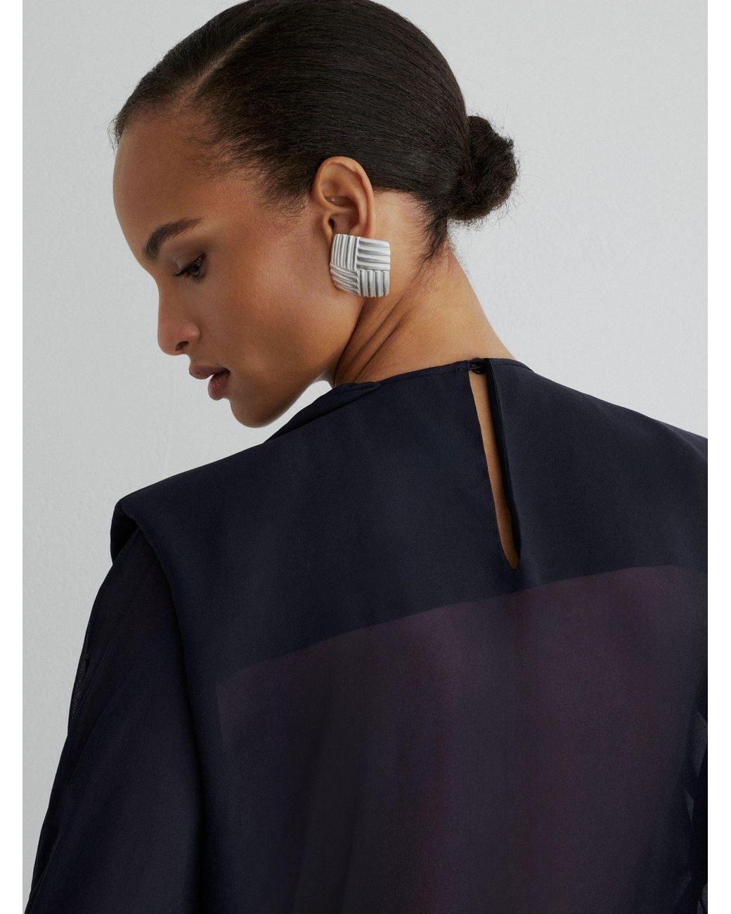 ATELIER Blue Sheer Draped Ruffle-Detail Blouse