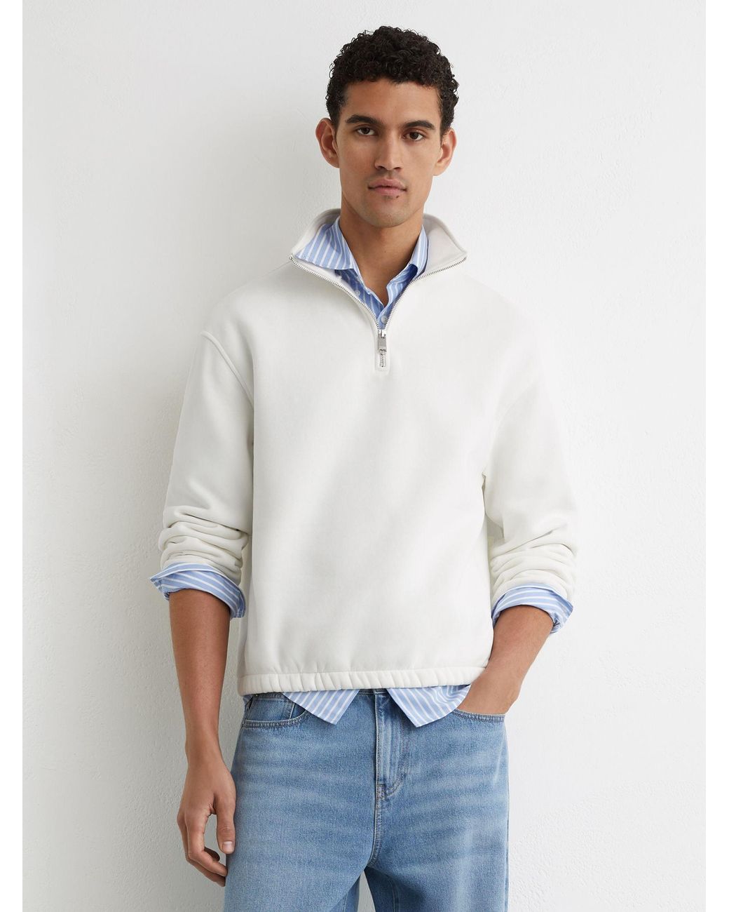 Reiss White Cotton-Blend Washed Half-Zip Sweatshirt for men