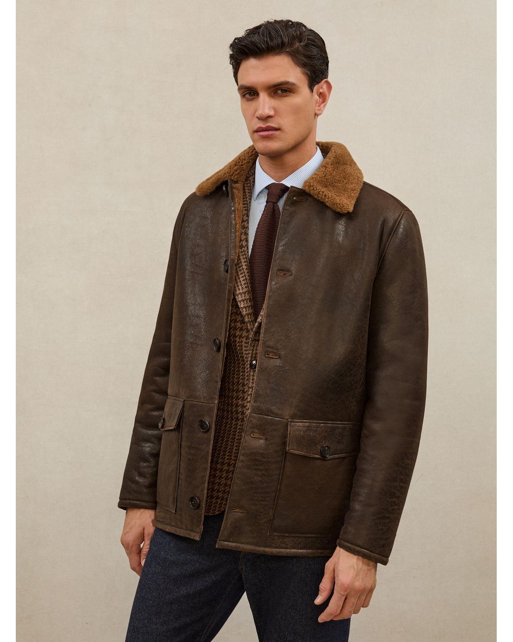 Reiss Brown Atelier Shearling Leather Jacket for men
