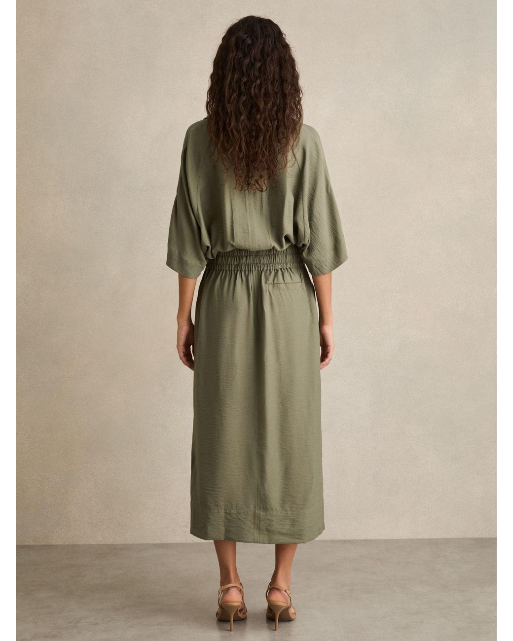 reiss cecily midi shirt dress Reiss Cecilia - Khaki Shirred-waist Midi Shirt Dress, Us 2 in Green