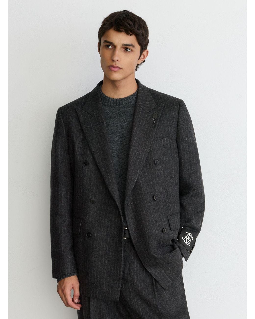 Reiss Green Monogram Wool-Blend Chalk-Stripe Double-Breasted Blazer Relaxed-Fit for men