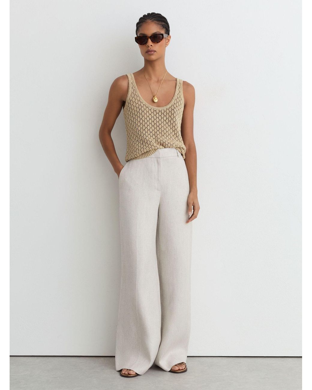Reiss Green Colette - Neutral Linen Open-stitch Knitted Vest, Xs (us 2)