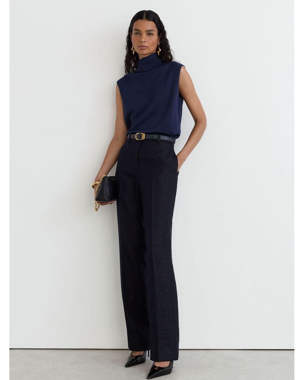 Reiss Blue Wool-Blend Metallic-Knit Funnel-Neck Vest