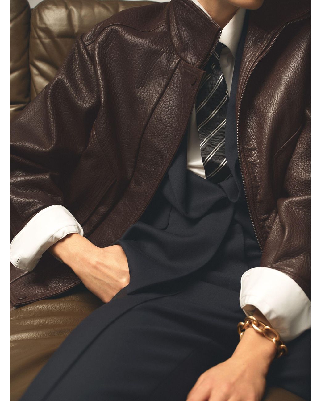 Reiss Brown Oversize Grained-Leather Bomber Jacket