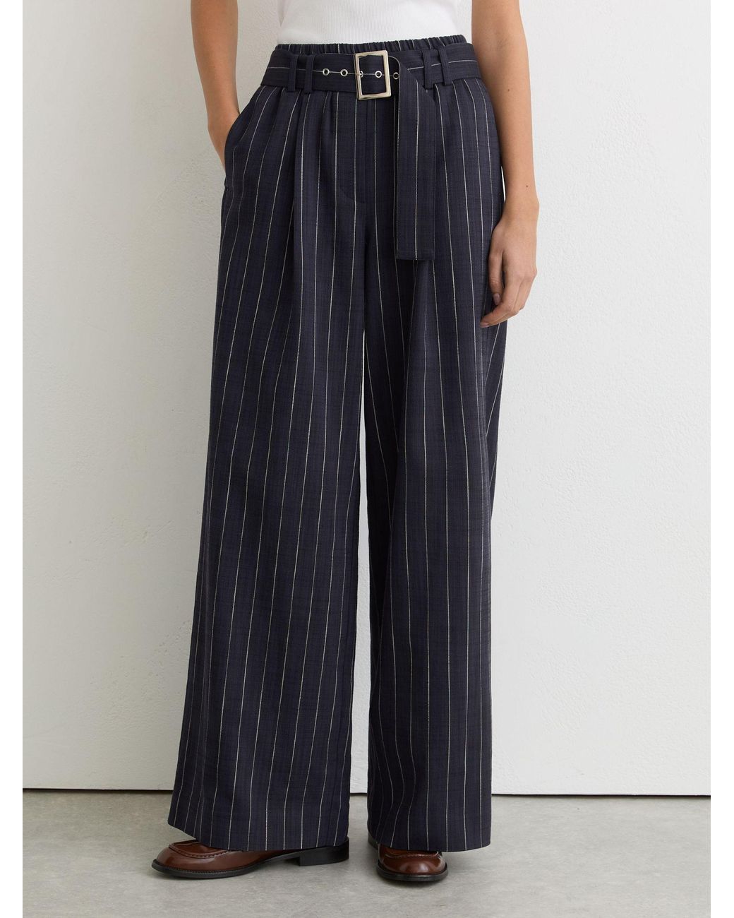 Reiss Blue Rae Petite Pinstripe Belted Wide-Leg Trousers