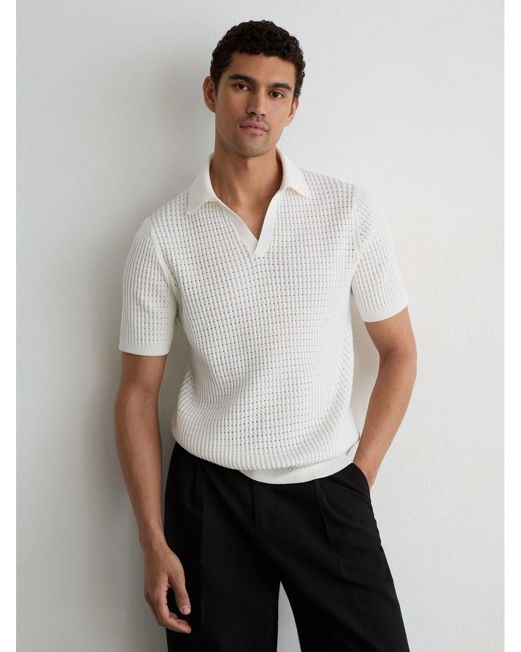 Reiss White Micro-Cable Knit Open-Collar Polo for men