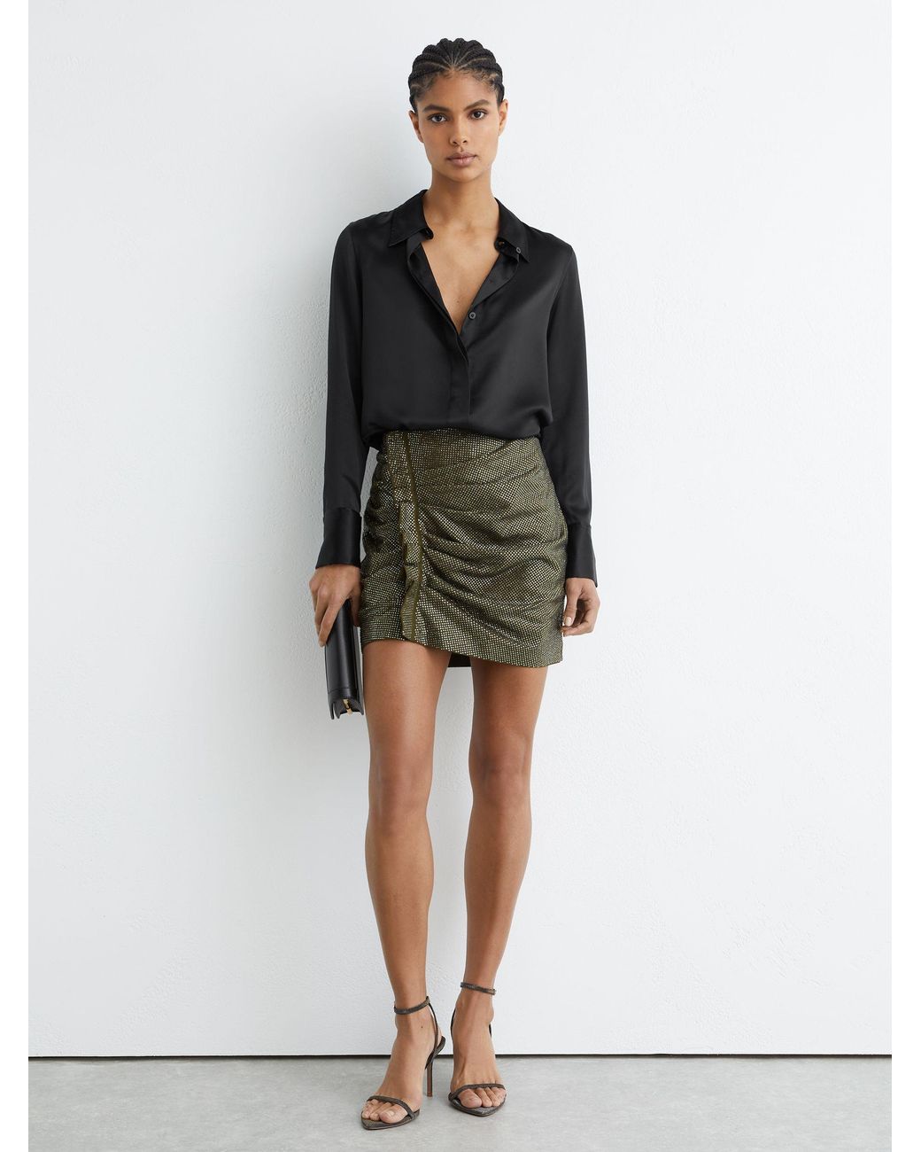 Reiss Green Crystal-Embellished Ruched Mini Skirt