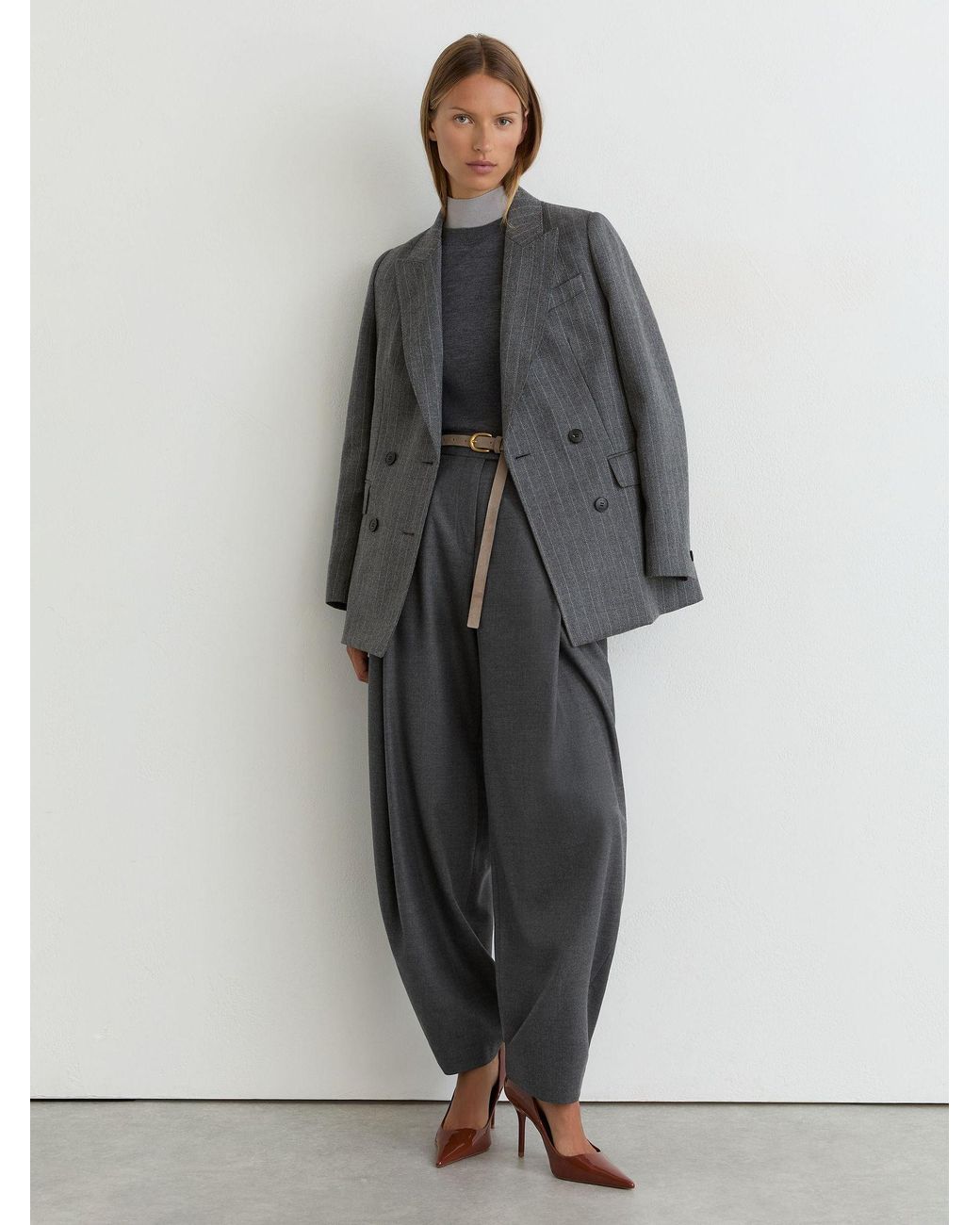Reiss Gray Wool-Blend Pleated Barrel-Leg Trousers