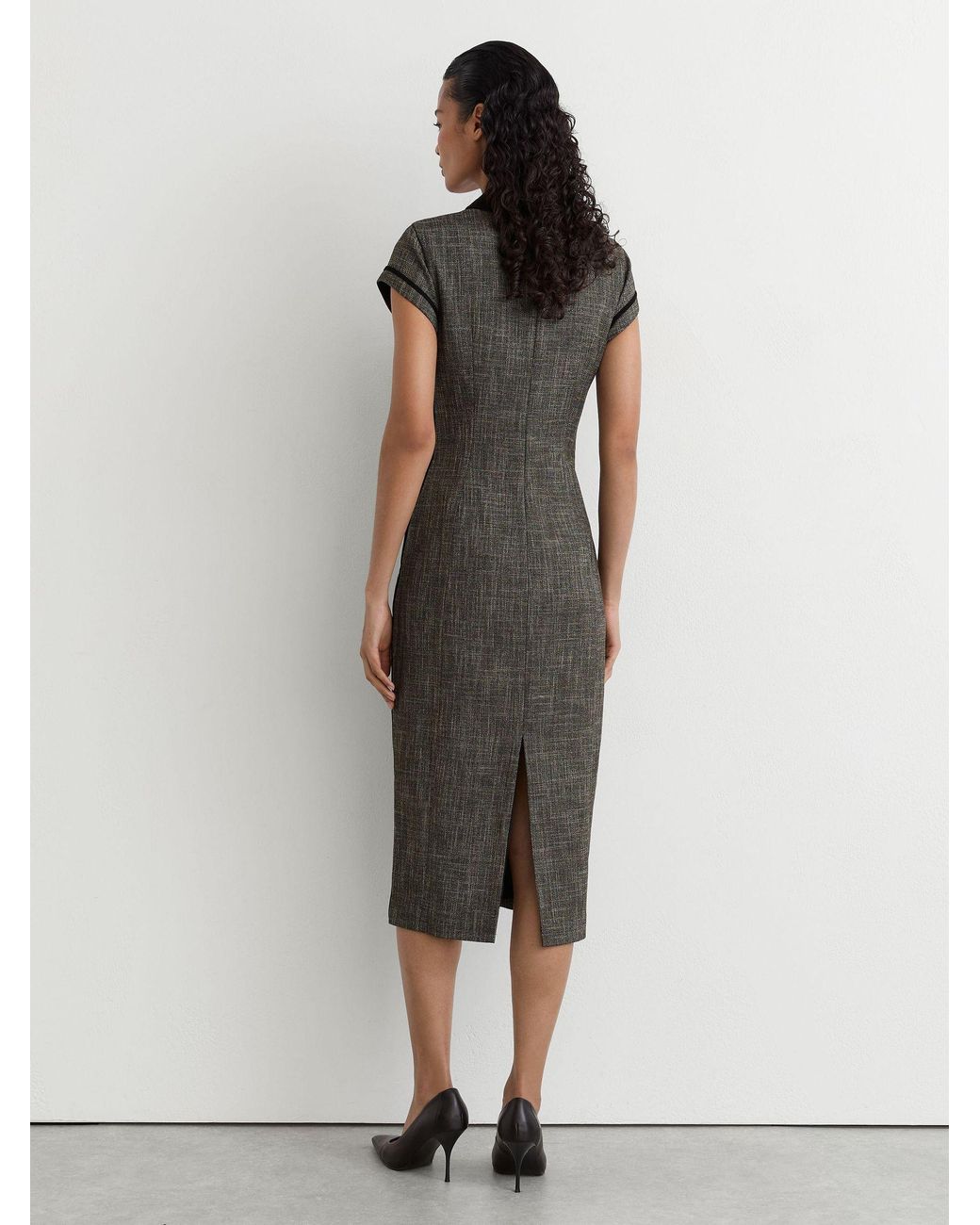 Reiss Gray Collared Fitted Midi Dress