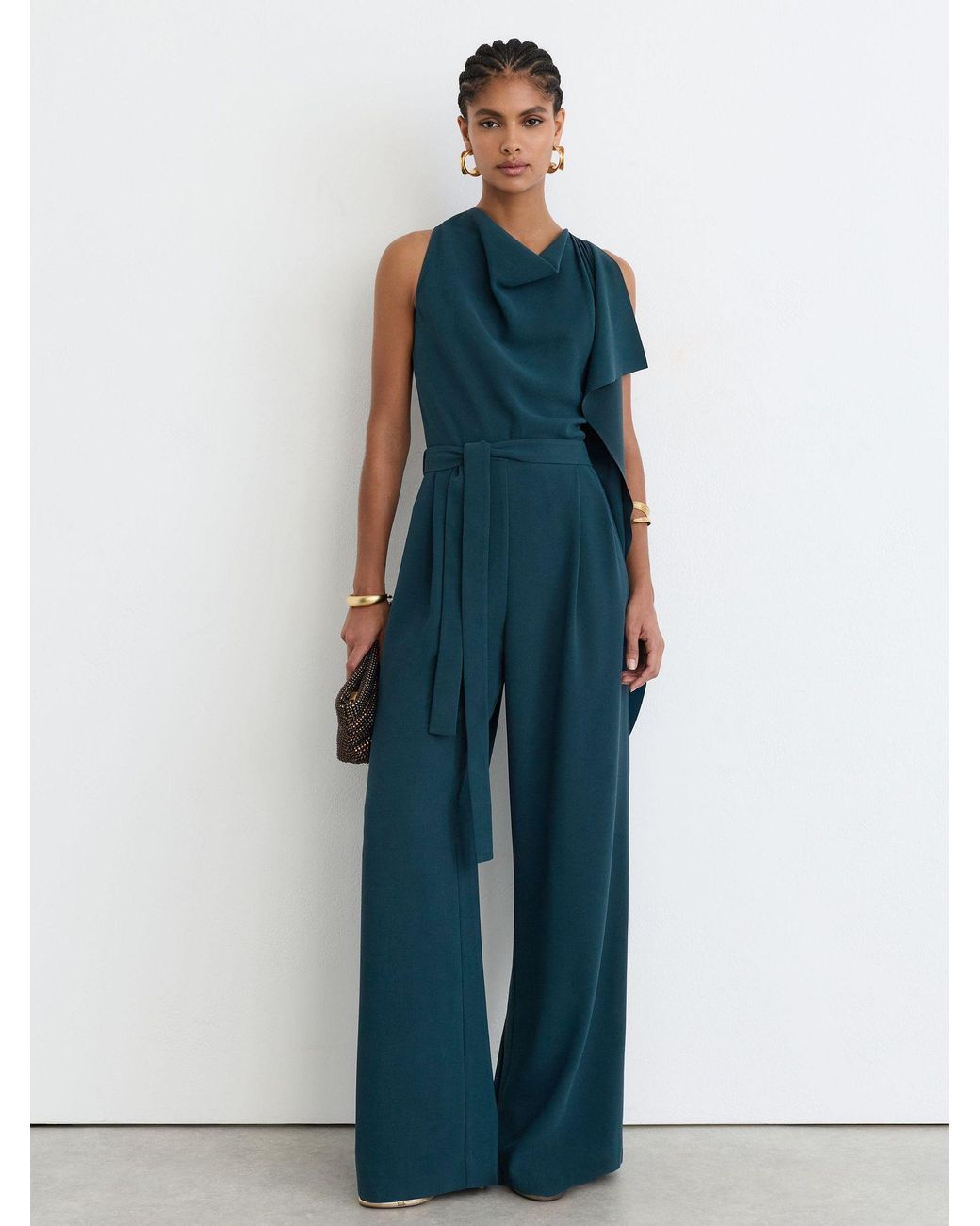 Reiss Blue Kelly - Teal Green Draped-detail Belted Wide-leg Jumpsuit, Us 10