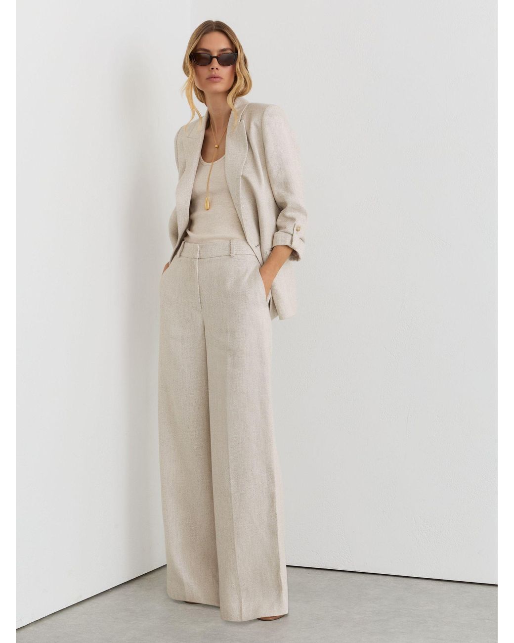 Reiss White Neutral Nolah Petite Linen-Blend Textured Wide-Leg Trousers