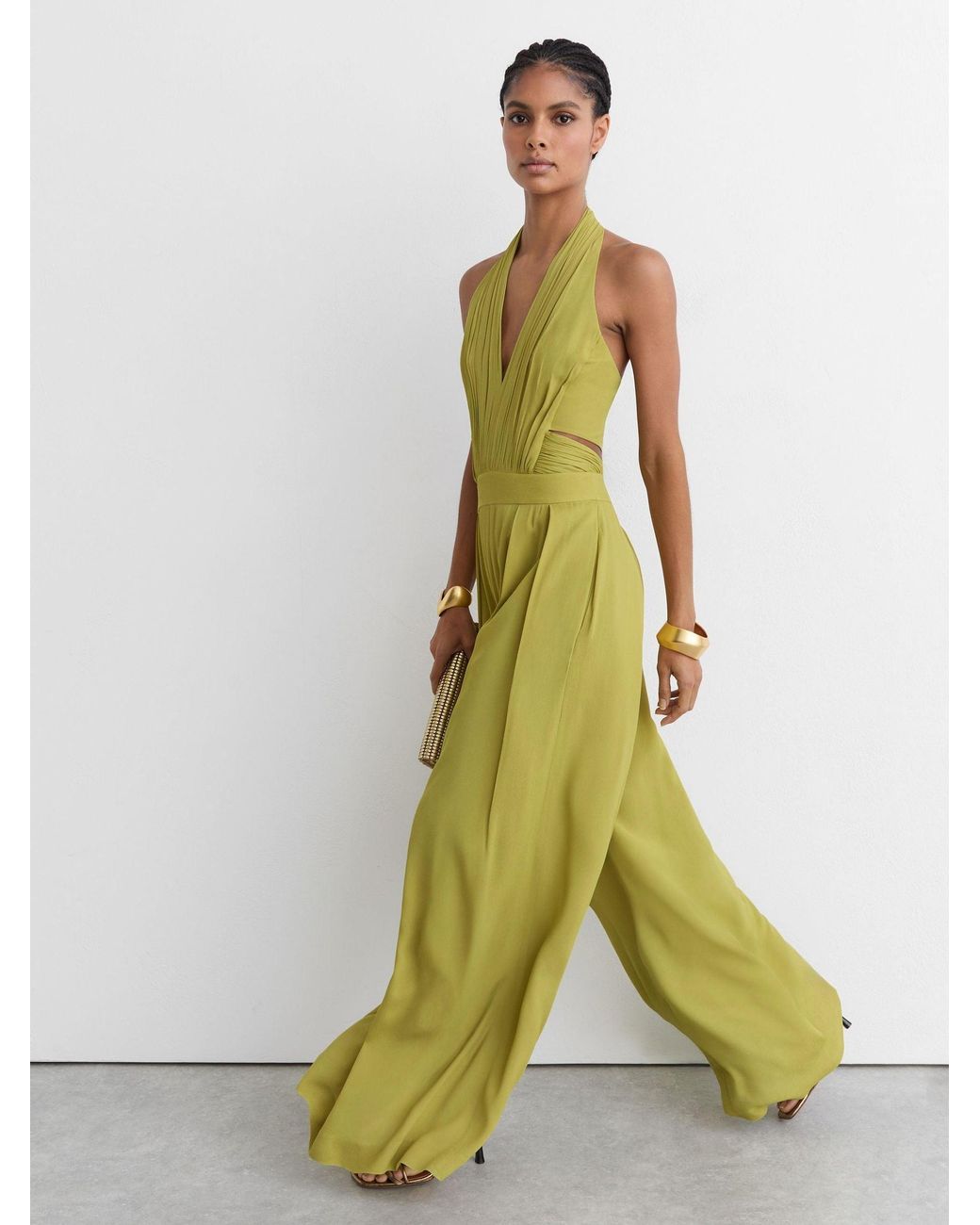 Reiss Lainey - Green Halterneck Pleated Wide-leg Jumpsuit, Us 10