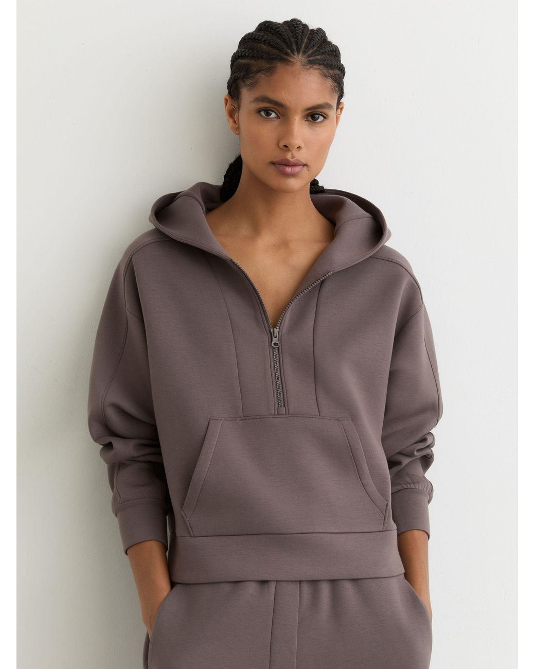 Reiss Brown Premium Interlock Half-Zip Hoodie
