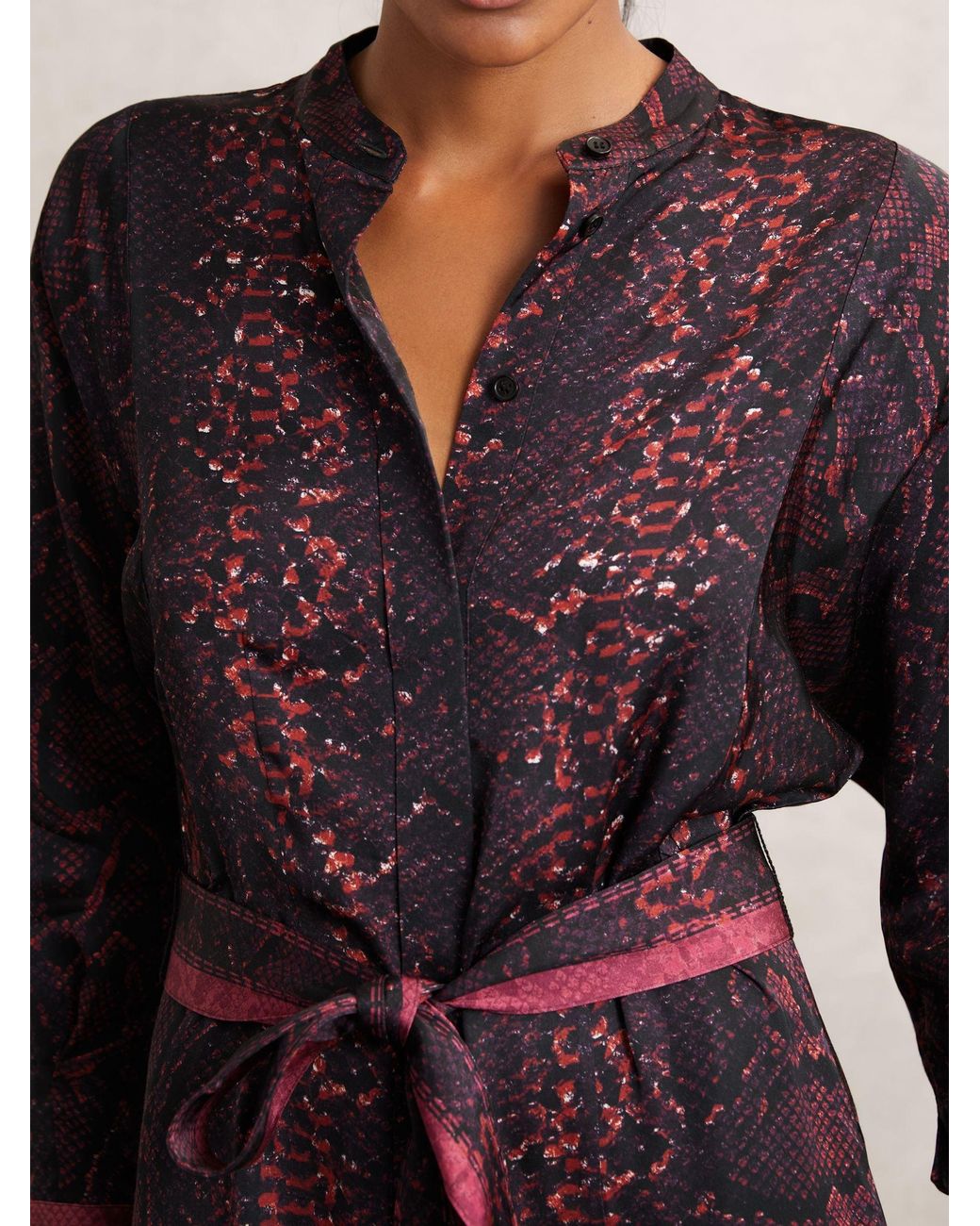 Reiss Natural Burgundy & Snake Print Belted Shirt Dress