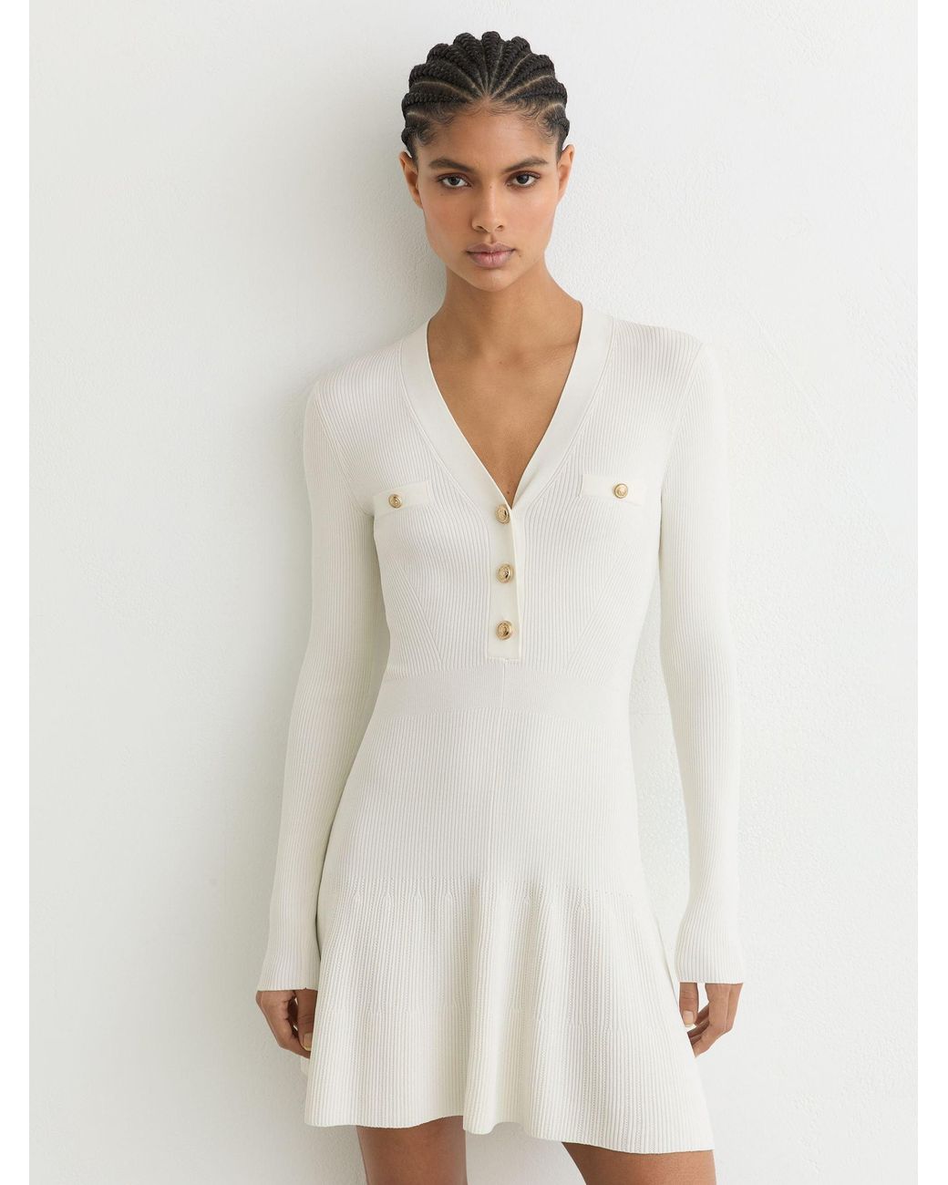 Reiss White Knitted Button-Detail Mini Dress