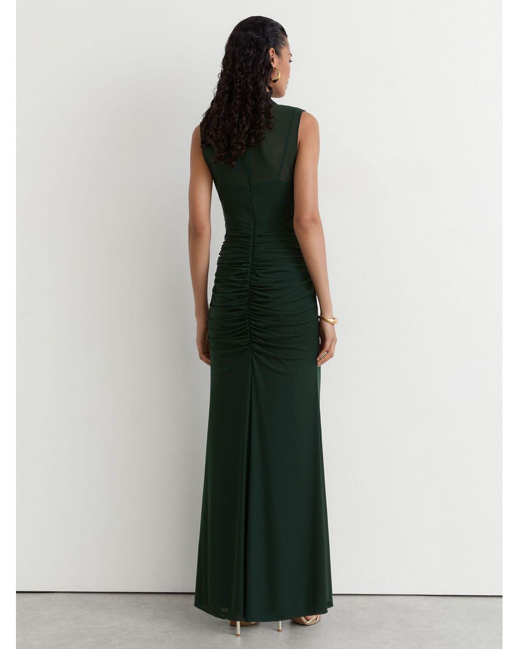 Reiss Green Sheer Ruched Sleeveless Maxi Dress