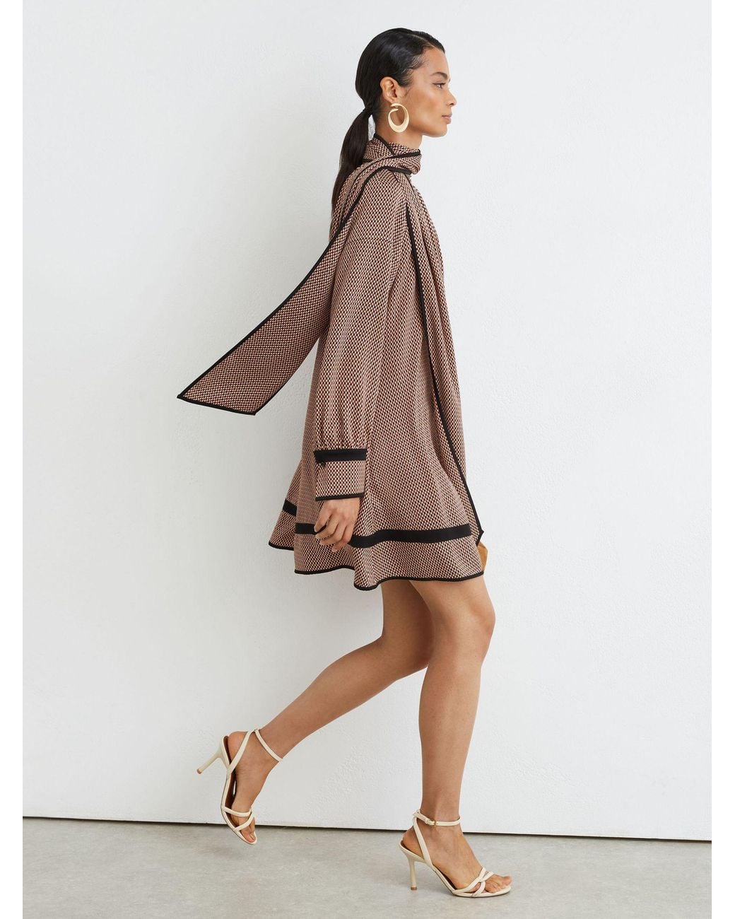 Reiss Natural Printed Scarf-Neck Swing Mini Dress