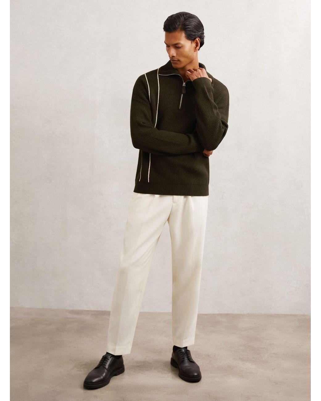 Reiss Brown Rib-Knit Stitch-Detail Half-Zip Jumper With Wool for men