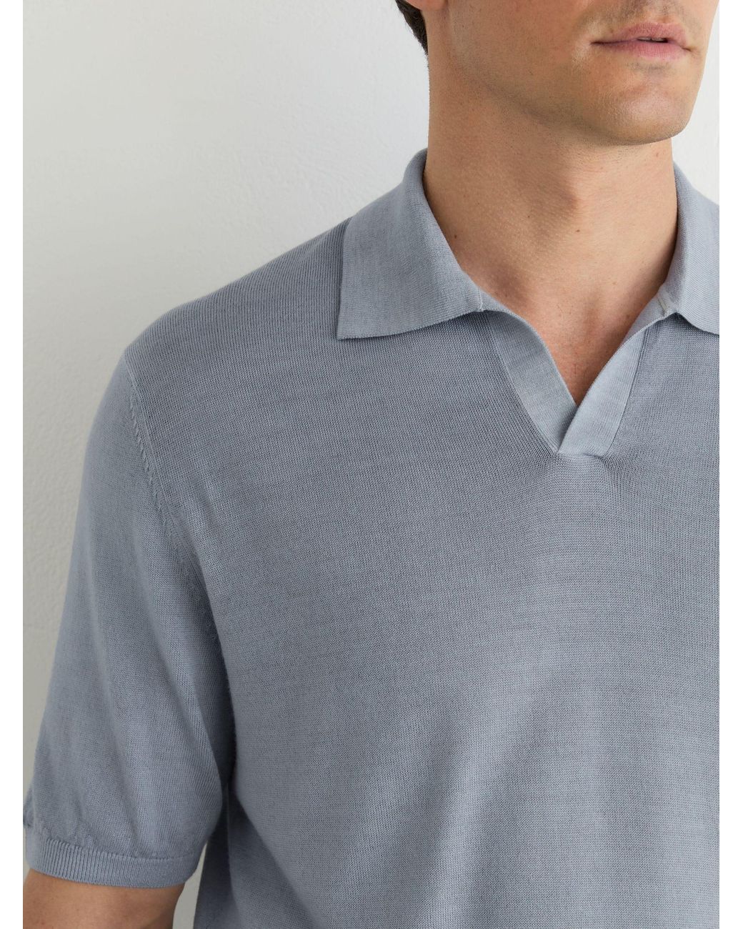 Reiss Blue Pigment-Dyed Merino Wool Open-Collar Polo Shirt for men