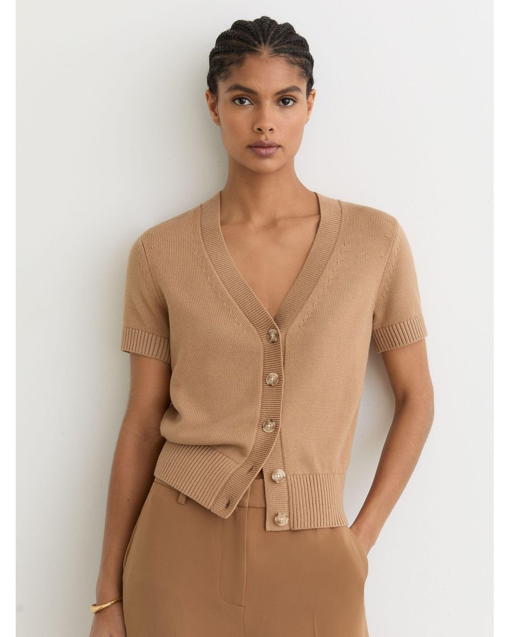 Reiss Natural V-Neck Short-Sleeve Cardigan Cotton-Wool