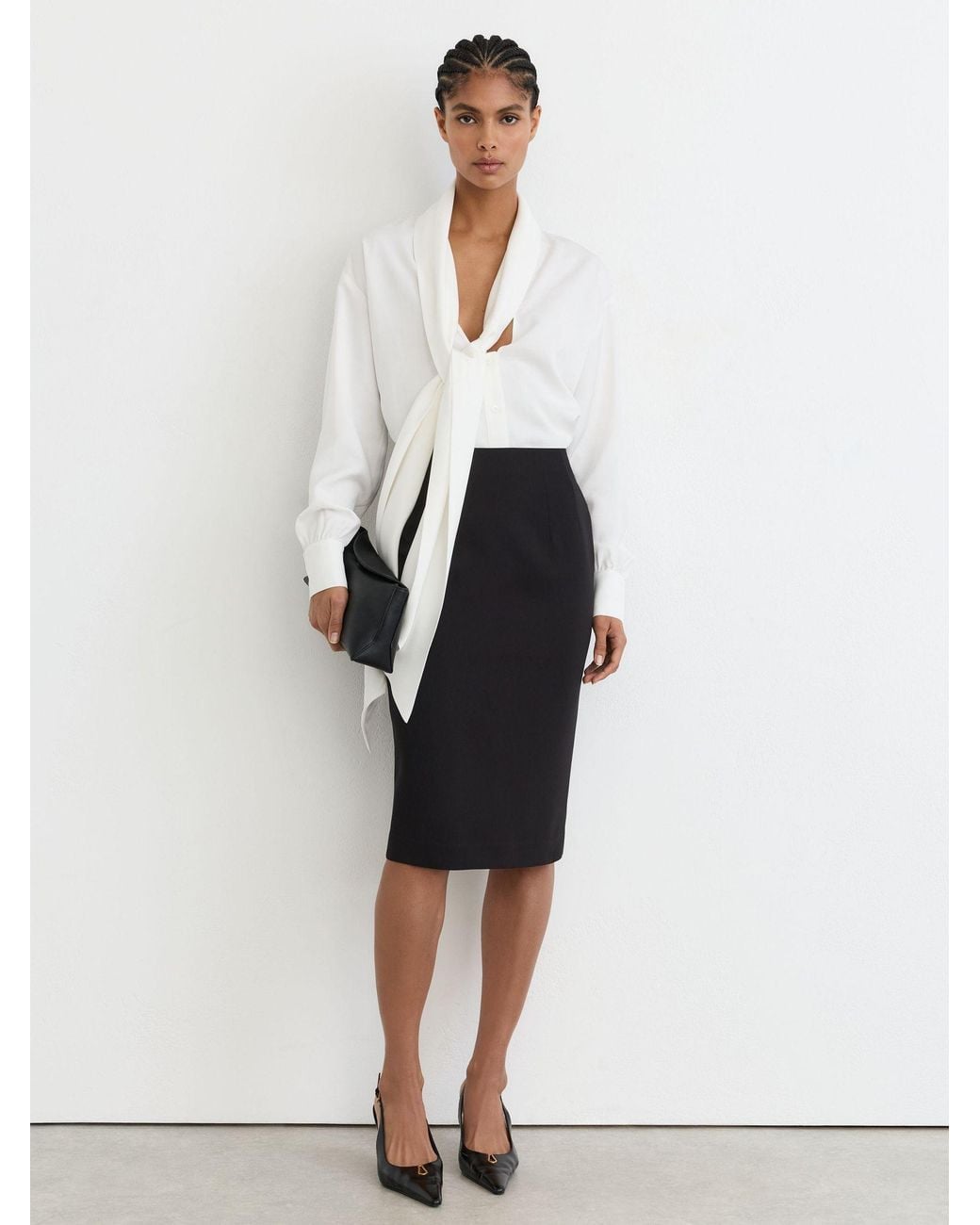 Reiss White Veronica High-Rise Pencil Midi Skirt
