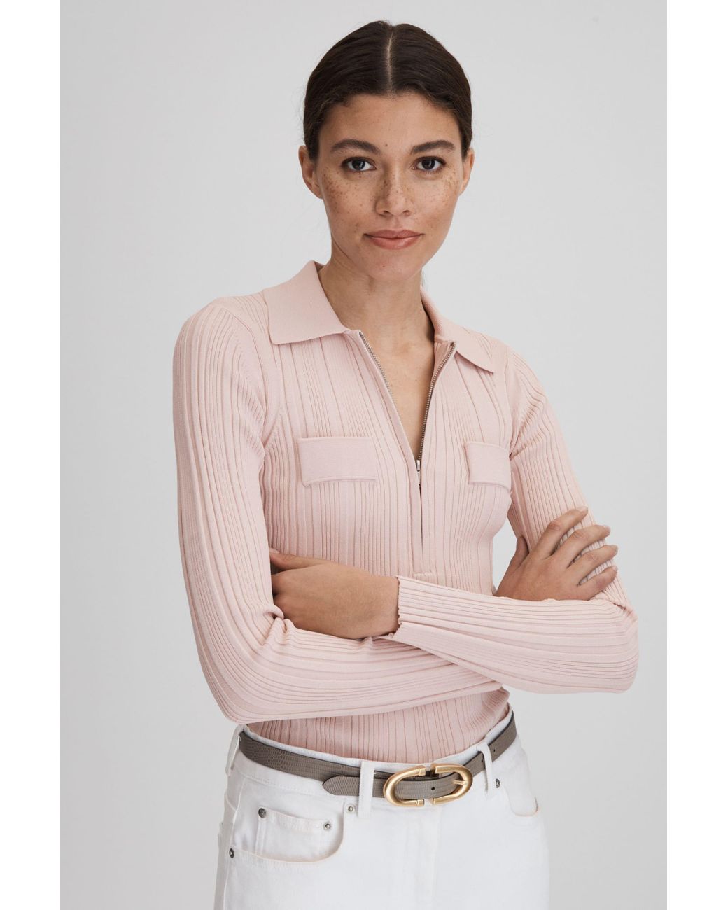 Reiss Clemmie Nude Ribbed Half zip Fitted Top Xs in Pink Lyst UK