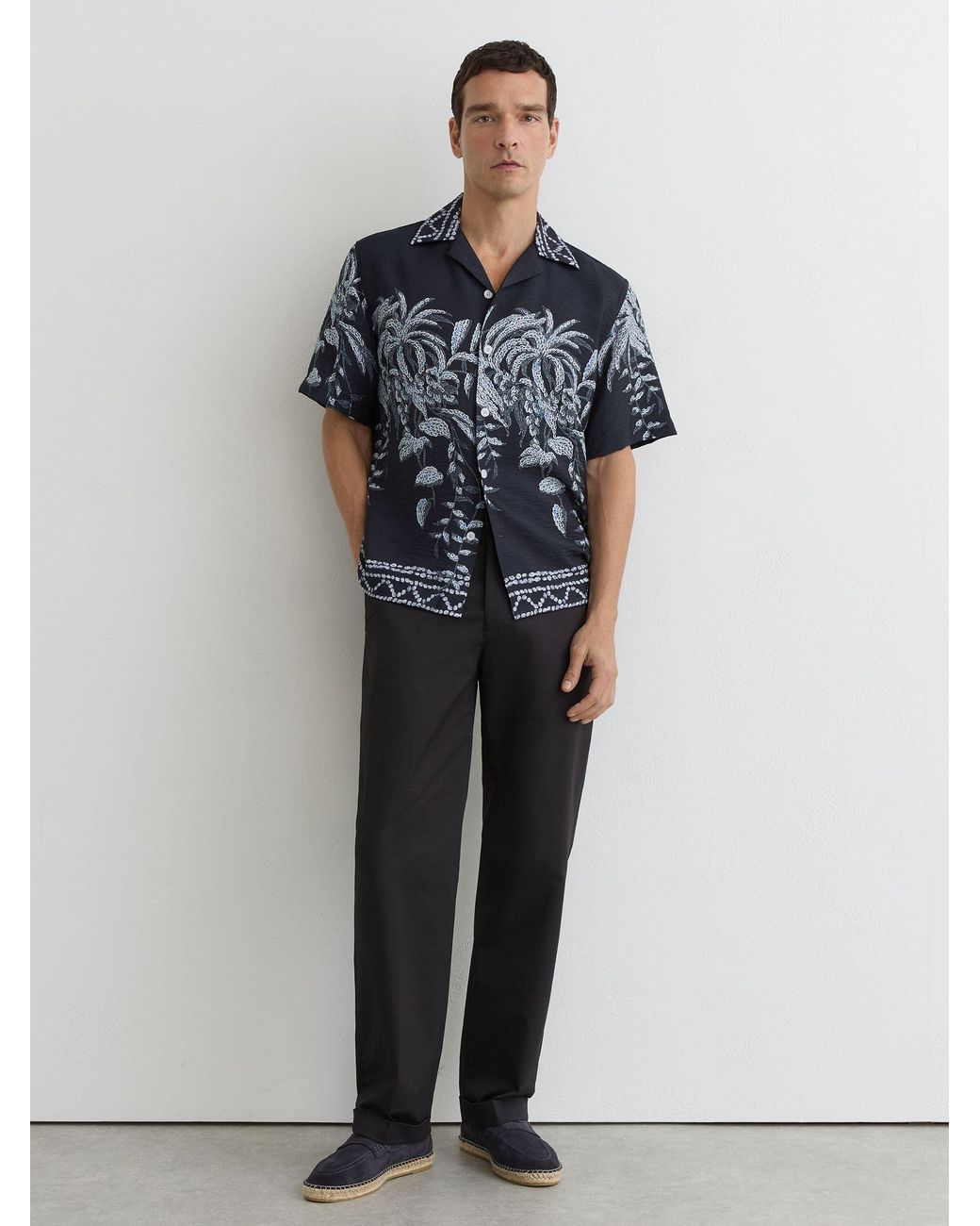 Reiss Blue Palm-Print Cuban-Collar Shirt for men