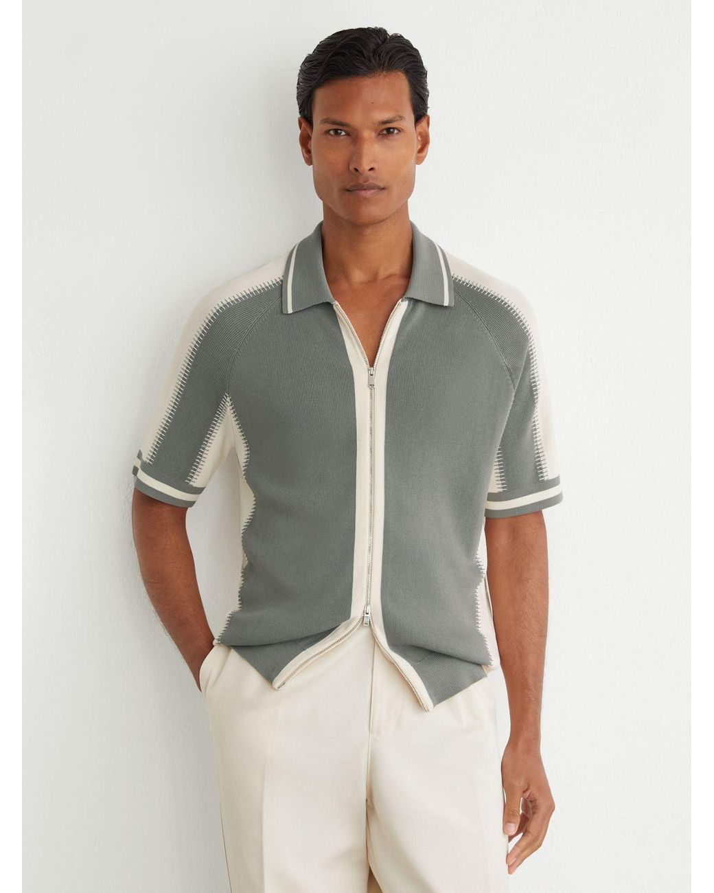 Reiss Gray Sage & Ecru Colour-Block Zip-Through Knit Shirt for men
