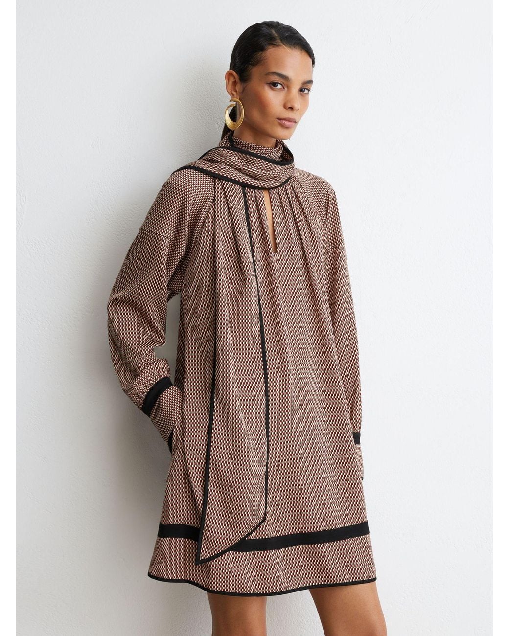 Reiss Natural Printed Scarf-Neck Swing Mini Dress