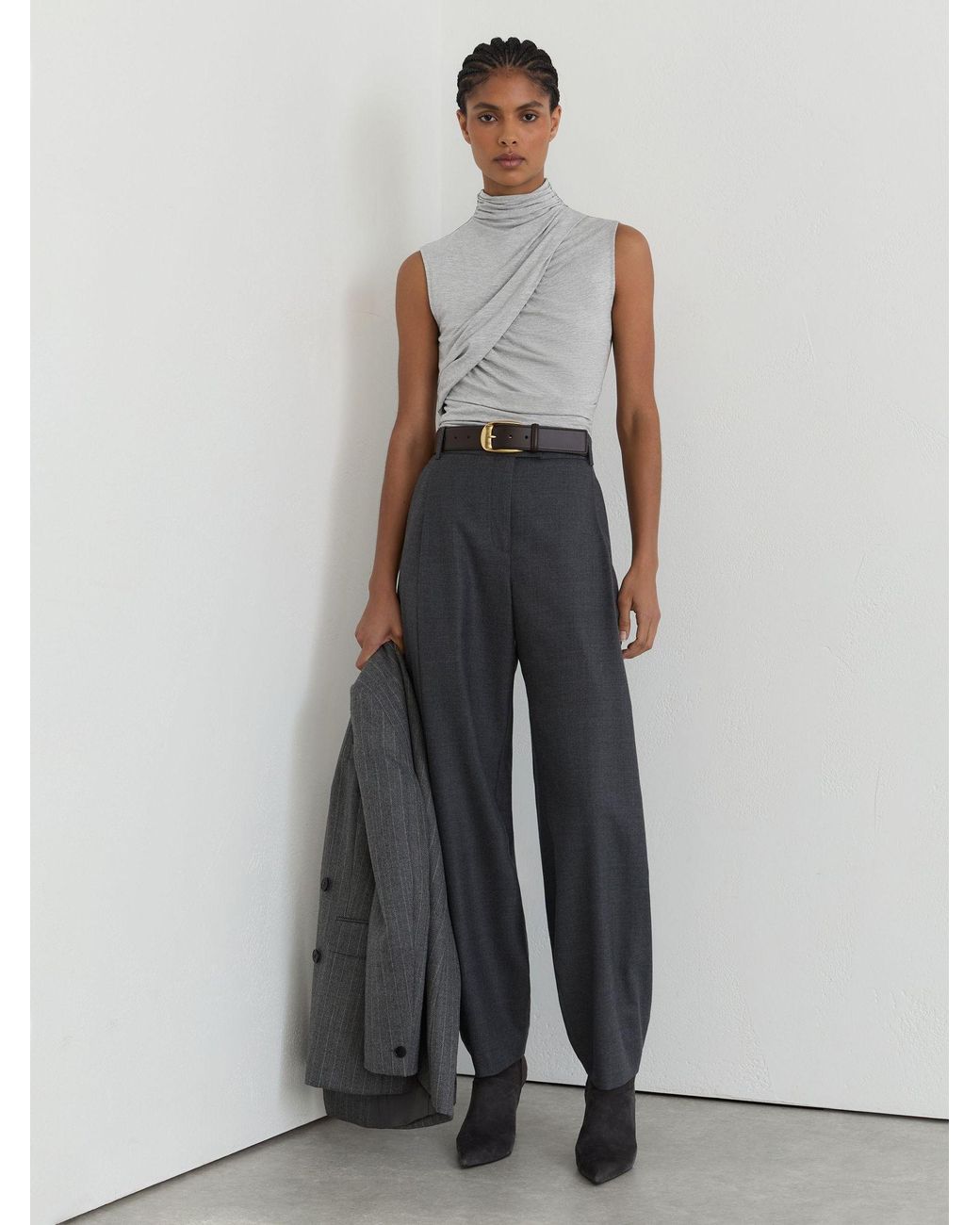 Reiss Gray Ruched High-Neck Top
