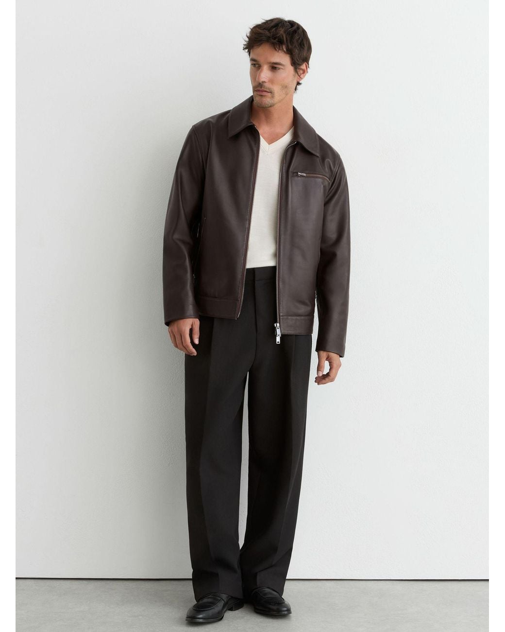 Reiss Black Strader Leather Zip-Through Jacket for men