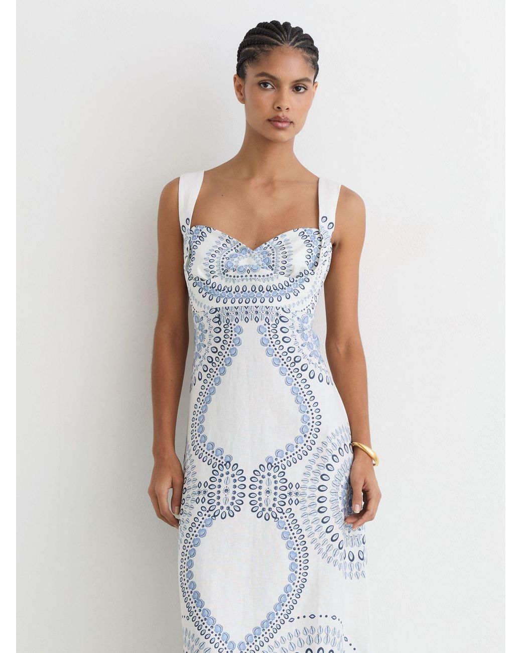 Reiss White Addison - Ivory/blue Linen Shell-print Tie-back Midi Dress, Us 14