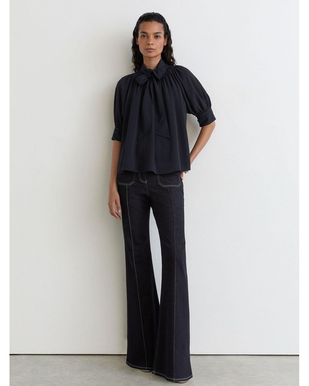 Reiss Blue Tie-Neck Short-Sleeve Blouse
