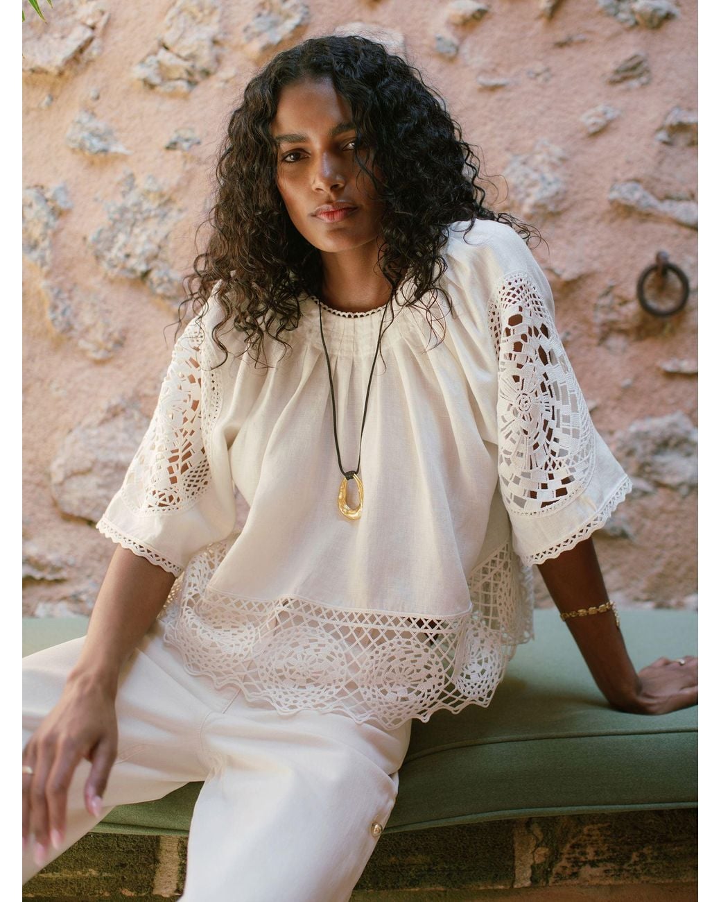 Reiss Brown Linen Embroidered Swing Top