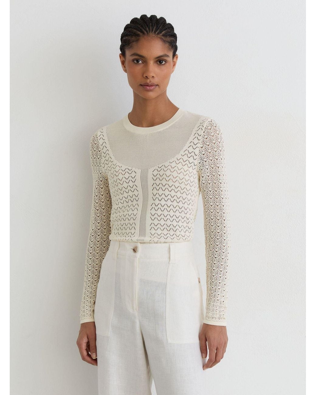 Reiss White Bella - Ivory Pointelle-knit Long-sleeve Top, M (us 8-10)