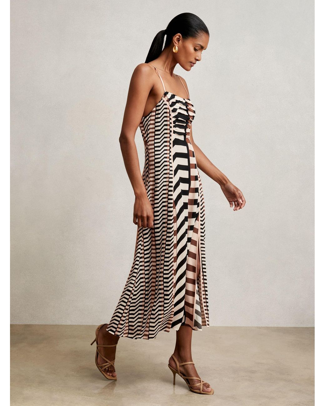 Reiss Striped Ruched Midi Dress in Natural | Lyst